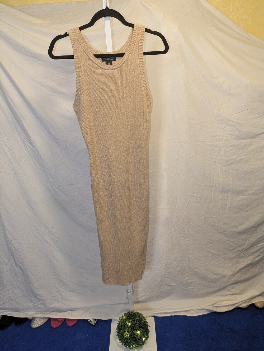 Rachel Zoe Ribbed Knit Sleeveless Bodycon Midi Dress Tan Beige - Size M